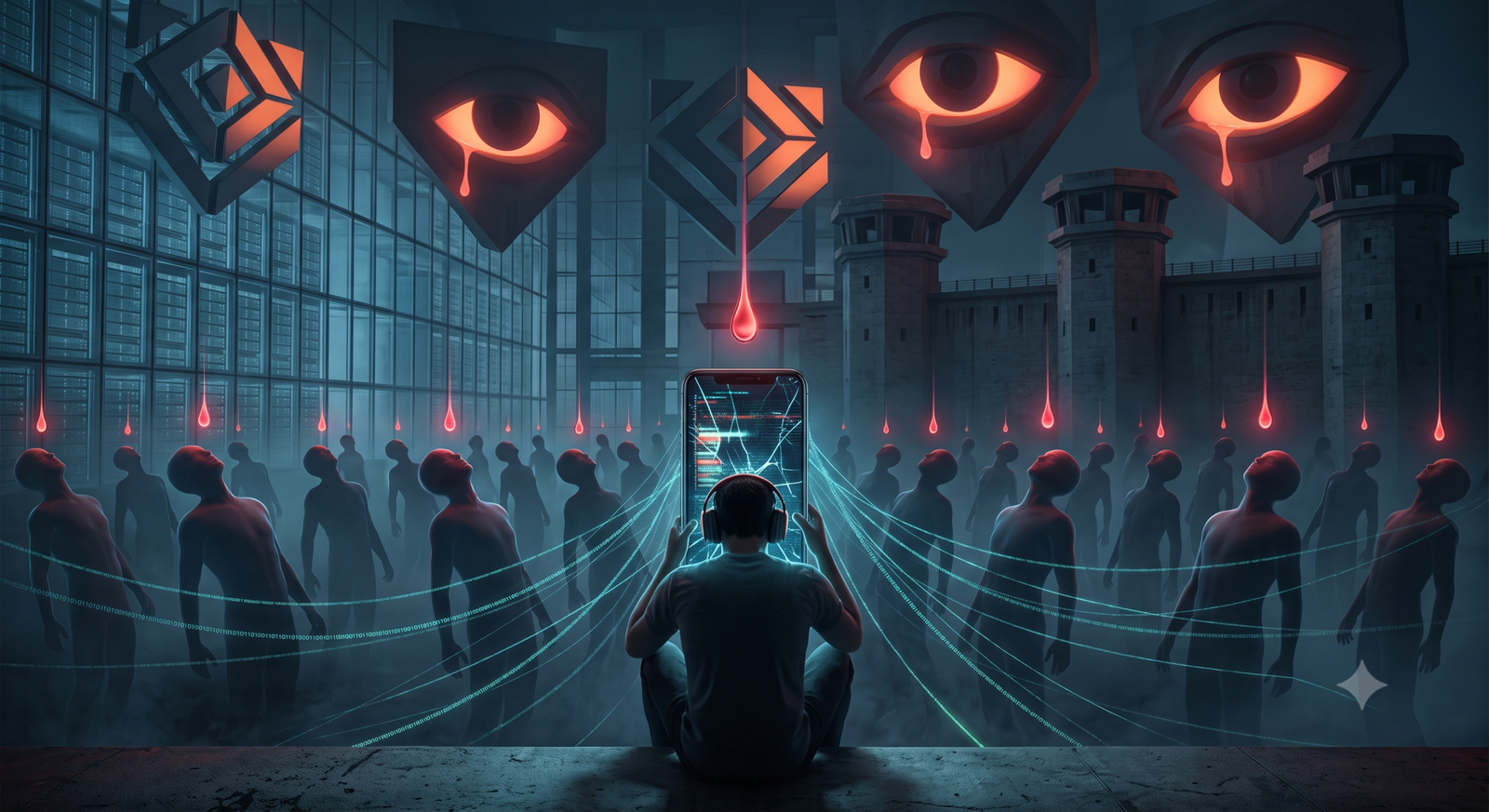 Corporate data harvesting seamlessly merges with totalitarian state control, illustrating the total loss of individual intellectual sovereignty. It embodies the transition from a profit-driven "Big Other" to an ideological "Big Brother," where the massive infrastructure of surveillance capitalism is weaponized to pacify, standardize, and herd the public consciousness.